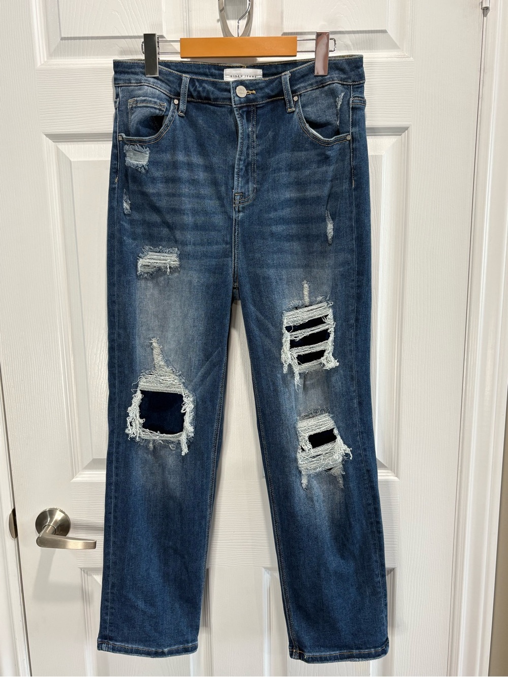 Risen Distressed Patched Straight Leg High Rise Jeans, Size 32